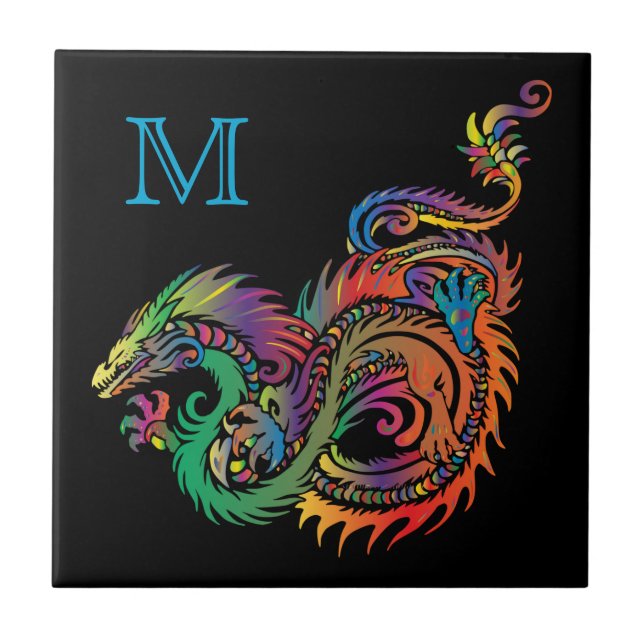 Farbenfrohe Fantasy Dragon Monogram Fliese (Vorderseite)