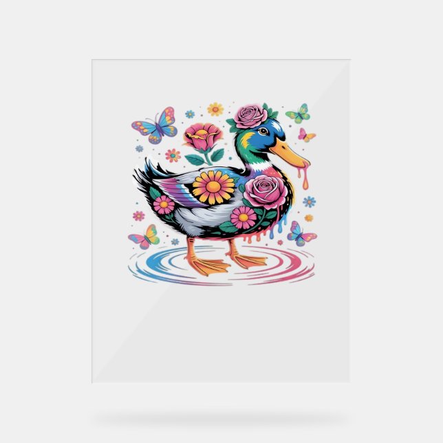Farbenfrohe Fantasy-Duck mit Blume und Schmetterli Acrylschild (Vorderseite)