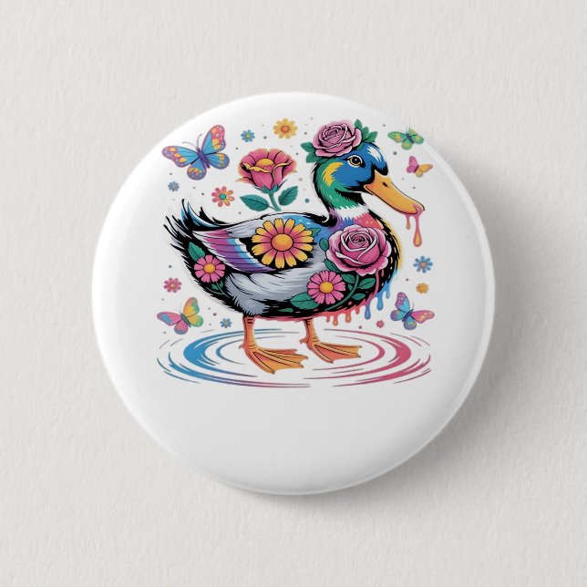 Farbenfrohe Fantasy-Duck mit Blume und Schmetterli Button (Vorderseite)