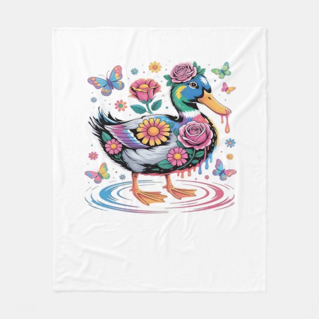 Farbenfrohe Fantasy-Duck mit Blume und Schmetterli Fleecedecke (Vorderseite)