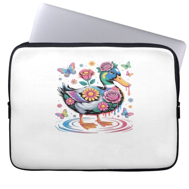 Farbenfrohe Fantasy-Duck mit Blume und Schmetterli Laptopschutzhülle (Vorderseite)