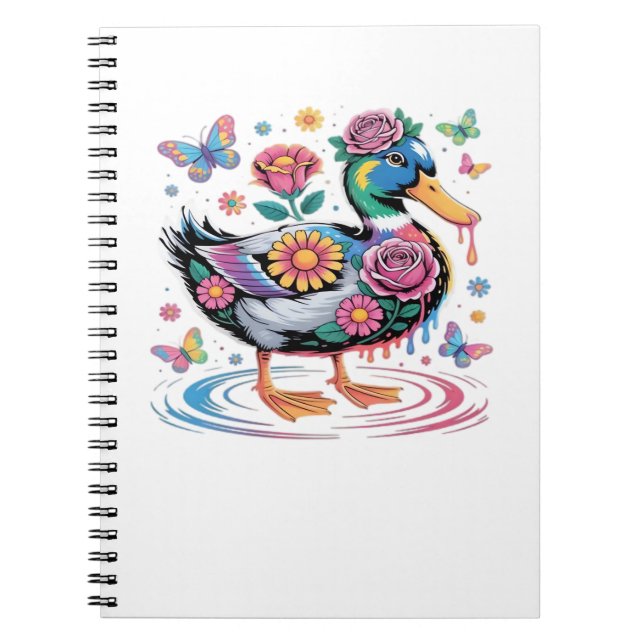 Farbenfrohe Fantasy-Duck mit Blume und Schmetterli Notizblock (Vorderseite)