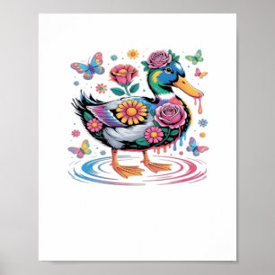 Farbenfrohe Fantasy-Duck mit Blume und Schmetterli Poster