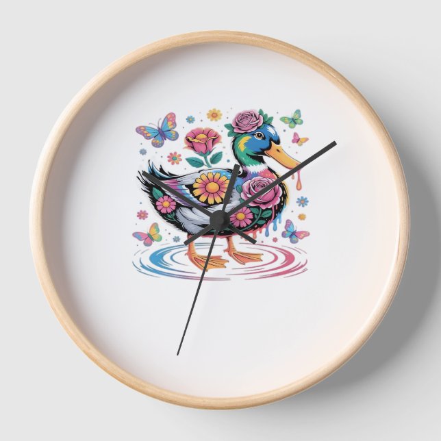 Farbenfrohe Fantasy-Duck mit Blume und Schmetterli Uhr (Vorderseite)