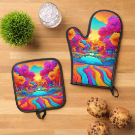 Farbenfrohe Fantasy Landschaft Ofenhandschuh & Topflappen-Set