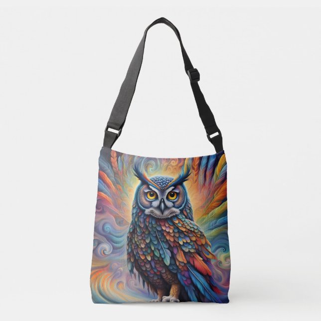 Farbenfrohe Fantasy Owl Tragetaschen Mit Langen Trägern (Vorderseite)