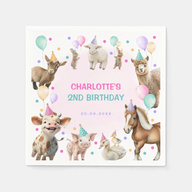 Farbenfrohe Farm Confetti Barnyard Tiere Geburtsta Serviette (Vorderseite)