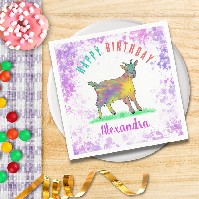 Farbenfrohe Farm Goat Girls Geburtsname Serviette (Cute goat farm animal watercolor custom birthday party paper napkins)