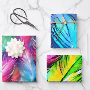 Farbenfrohe Feather Matching Mix Geschenkpapier Set