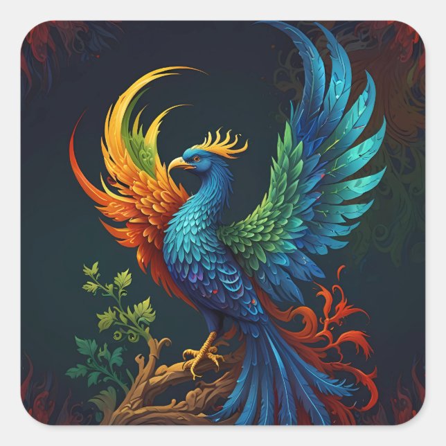 Farbenfrohe Feathered Phoenix Bird Muster Quadratischer Aufkleber (Vorderseite)