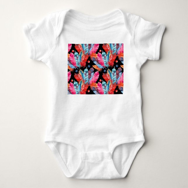 Farbenfrohe Federn, boho, nahtlos, lebendig. Baby Strampler (Vorderseite)