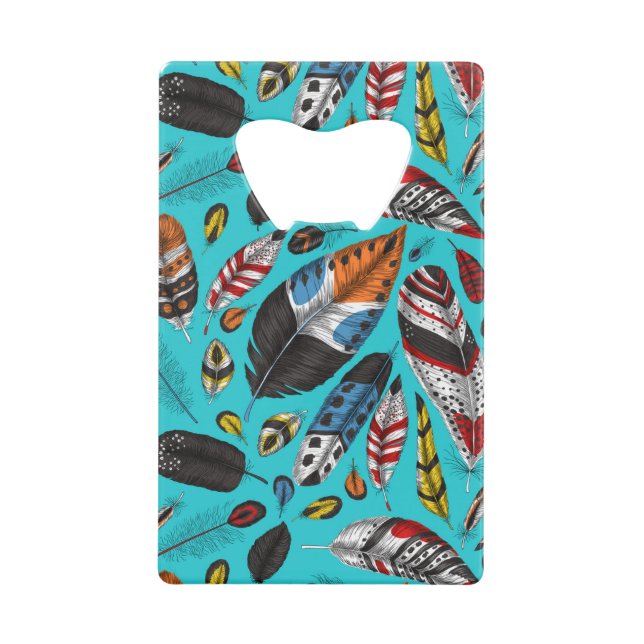 Farbenfrohe Federn Geldbeutel Flaschenöffner (Vorderseite)