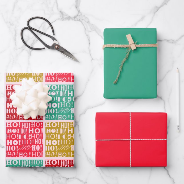 Farbenfrohe Feier "HO! HO! HO! Weihnachtsrot, grün Geschenkpapier Set (Vorderseite)