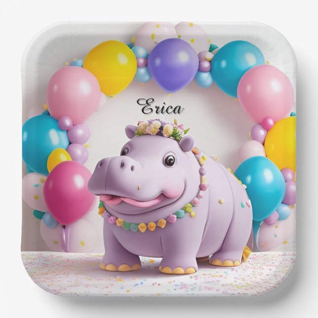 Farbenfrohe Feier mit Adorable Hippo Pappteller (Vorderseite)