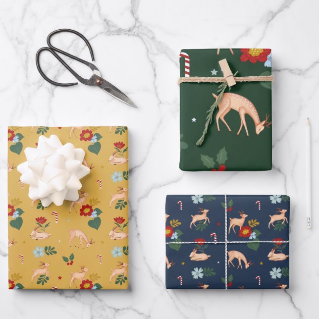 Farbenfrohe festliche Rentierflora Geschenkpapier Set (Vorderseite)