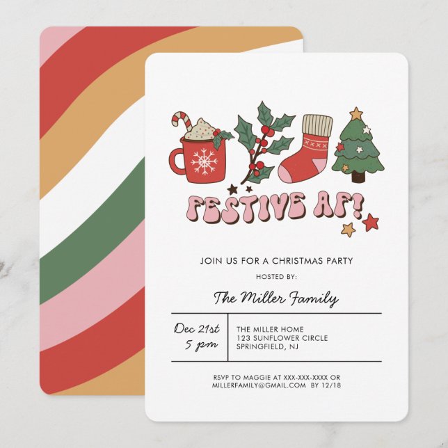 Farbenfrohe festliche Retro Weihnachten Party Einl Einladung (Vorne/Hinten)