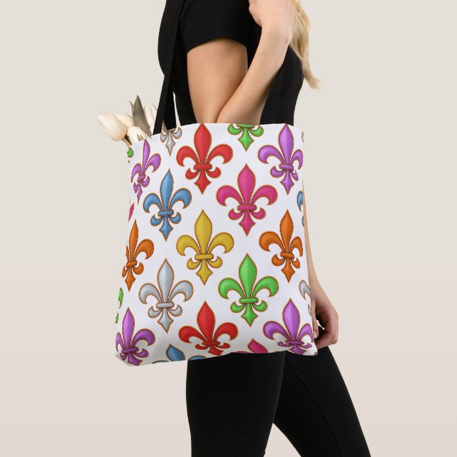 Farbenfrohe Fette Fleur-de-lis-Blumen Weiß Tasche (Von Nahem)