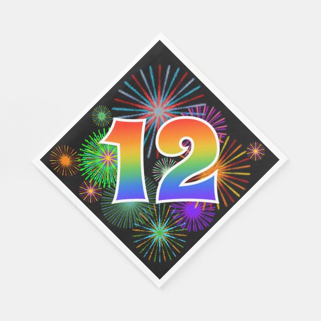 Farbenfrohe Feuerwerke + Regenbogenmuster "12" Ere Serviette (Ecke)