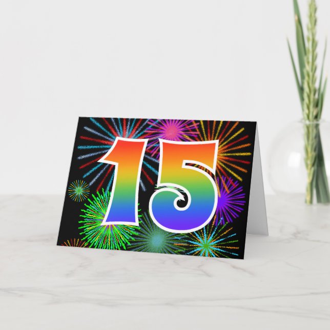 Farbenfrohe Feuerwerke + Regenbogenmuster "15" Eve Karte (Vorderseite)