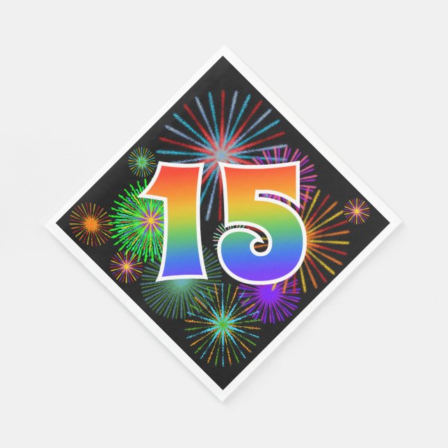 Farbenfrohe Feuerwerke + Regenbogenmuster "15" Eve Serviette (Ecke)