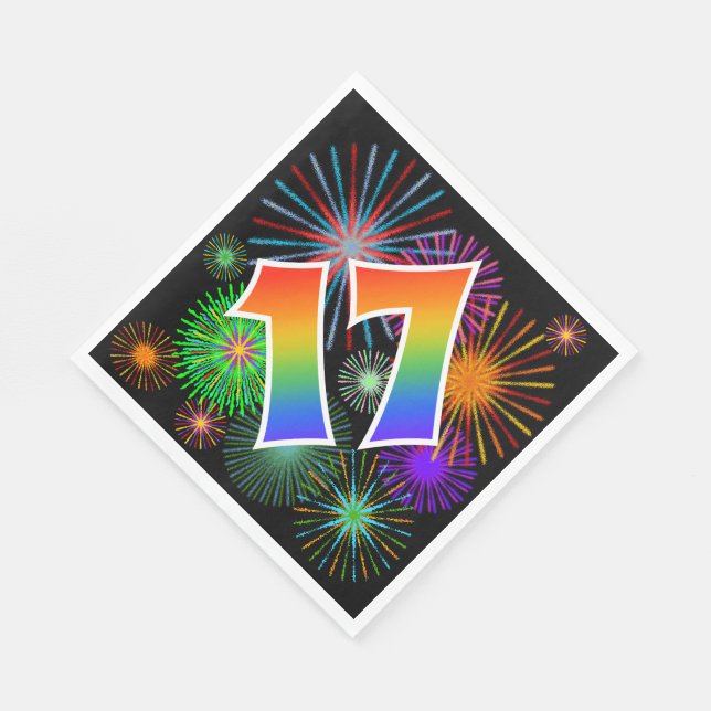 Farbenfrohe Feuerwerke + Regenbogenmuster "17" Ere Serviette (Ecke)