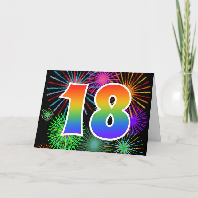 Farbenfrohe Feuerwerke + Regenbogenmuster "18" Eve Karte (Vorderseite)