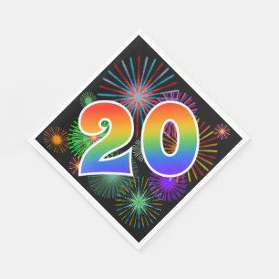 Farbenfrohe Feuerwerke + Regenbogenmuster "20" Eve Serviette