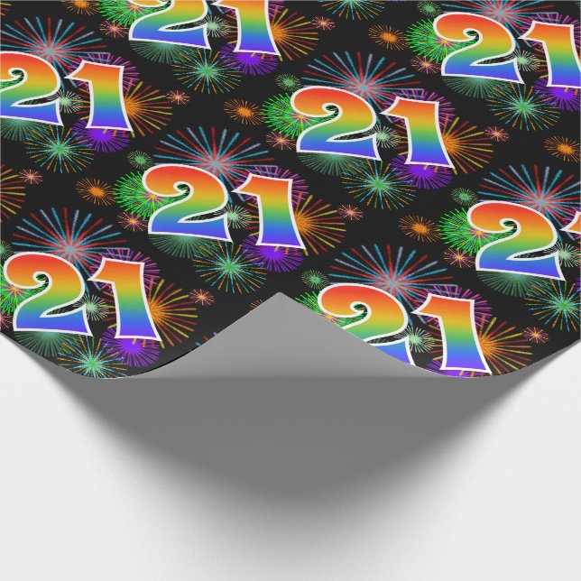 Farbenfrohe Feuerwerke + Regenbogenmuster "21" Ere Geschenkpapier (Ecke)