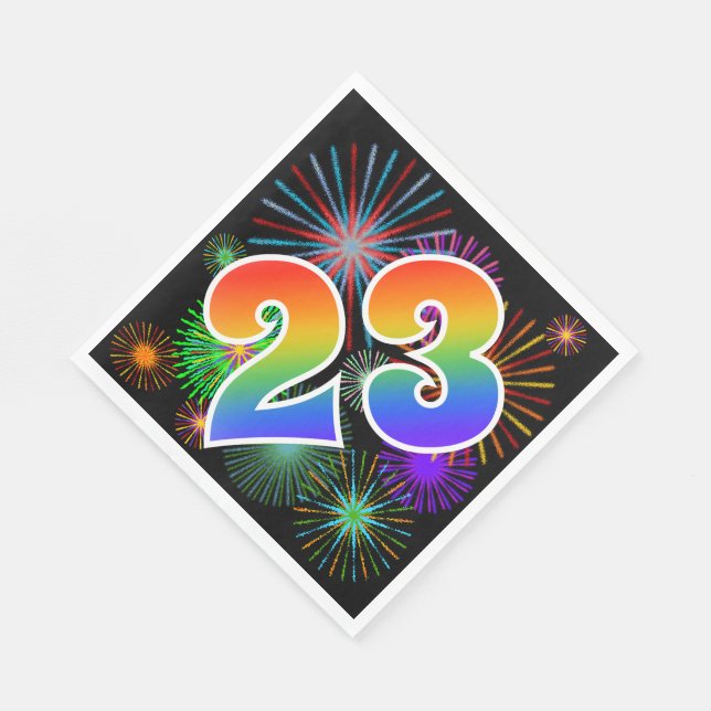 Farbenfrohe Feuerwerke + Regenbogenmuster "23" Eve Serviette (Ecke)