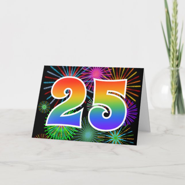 Farbenfrohe Feuerwerke + Regenbogenmuster "25" Eve Karte (Vorderseite)