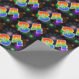 Farbenfrohe Feuerwerke + Regenbogenmuster "34" Ere Geschenkpapier