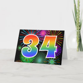 Farbenfrohe Feuerwerke + Regenbogenmuster "34" Ere Karte