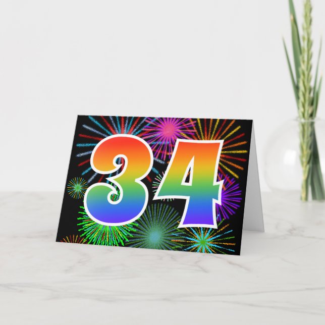 Farbenfrohe Feuerwerke + Regenbogenmuster "34" Ere Karte (Vorderseite)
