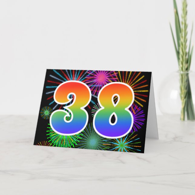Farbenfrohe Feuerwerke + Regenbogenmuster "38" Ere Karte (Vorderseite)
