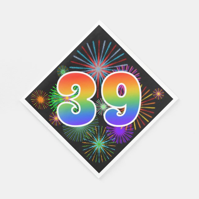 Farbenfrohe Feuerwerke + Regenbogenmuster "39" Eve Serviette (Ecke)