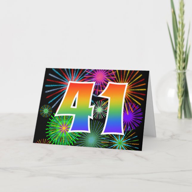 Farbenfrohe Feuerwerke + Regenbogenmuster "41" Ere Karte (Vorderseite)