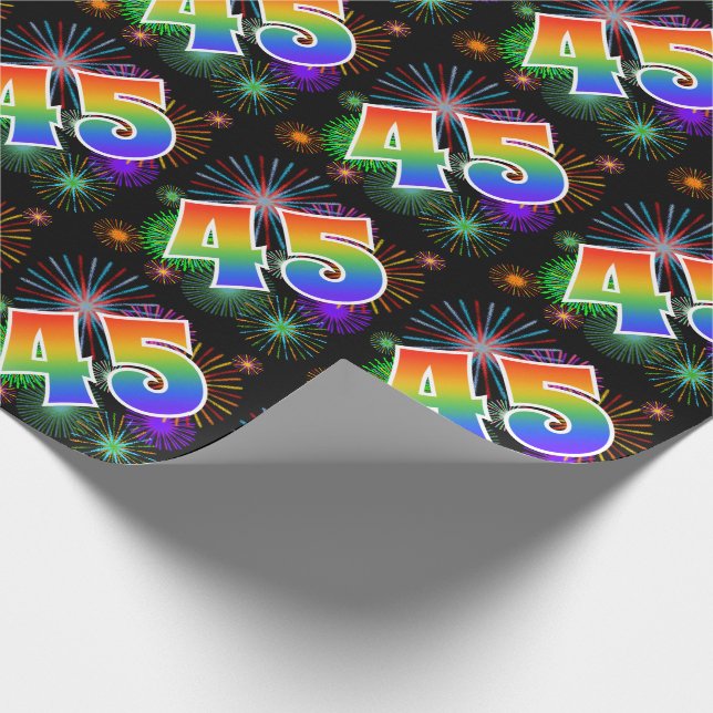 Farbenfrohe Feuerwerke + Regenbogenmuster "45" Eve Geschenkpapier (Ecke)