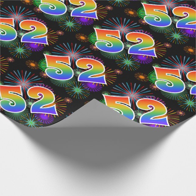 Farbenfrohe Feuerwerke + Regenbogenmuster "52" Eve Geschenkpapier (Ecke)