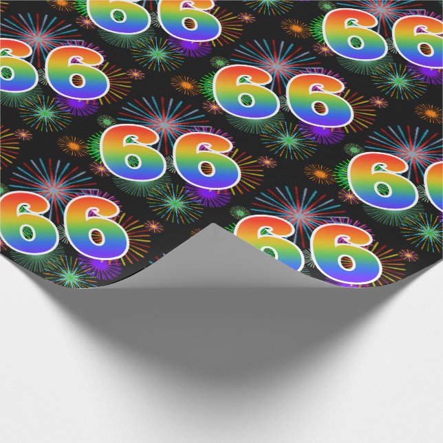 Farbenfrohe Feuerwerke + Regenbogenmuster "66" Ere Geschenkpapier (Ecke)