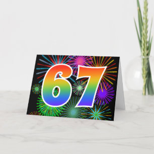 Farbenfrohe Feuerwerke + Regenbogenmuster "67" Ere Karte