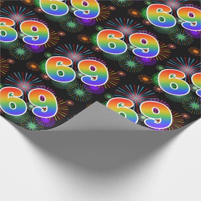 Farbenfrohe Feuerwerke + Regenbogenmuster "69" Eve Geschenkpapier (Ecke)
