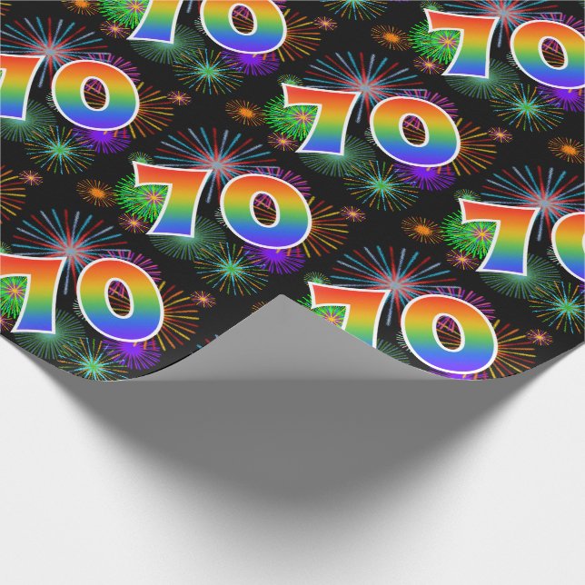 Farbenfrohe Feuerwerke + Regenbogenmuster "70" Eve Geschenkpapier (Ecke)