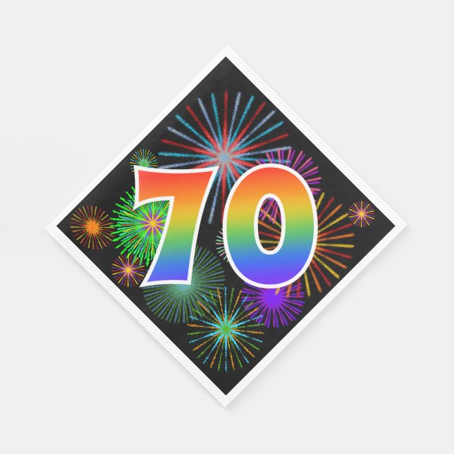 Farbenfrohe Feuerwerke + Regenbogenmuster "70" Eve Serviette (Ecke)