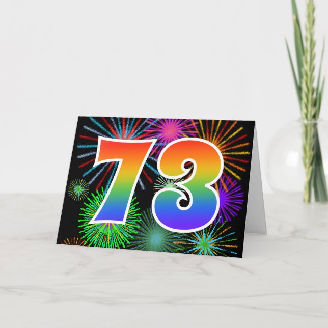Farbenfrohe Feuerwerke + Regenbogenmuster "73" Eve Karte (Vorderseite)