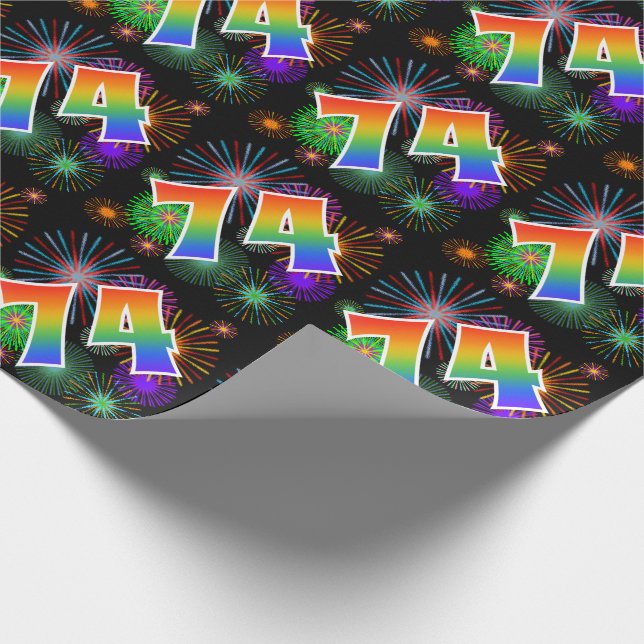 Farbenfrohe Feuerwerke + Regenbogenmuster "74" Eve Geschenkpapier (Ecke)
