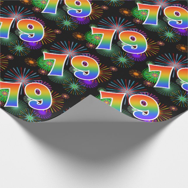 Farbenfrohe Feuerwerke + Regenbogenmuster "79" Eve Geschenkpapier (Ecke)
