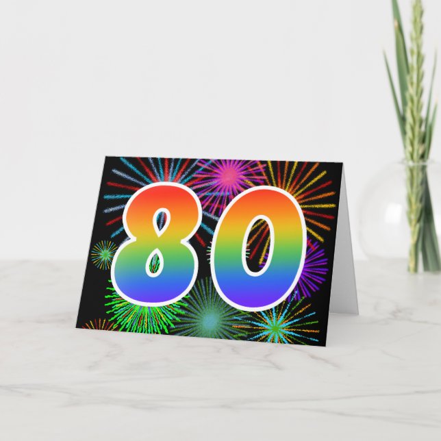 Farbenfrohe Feuerwerke + Regenbogenmuster "80" Eve Karte (Vorderseite)