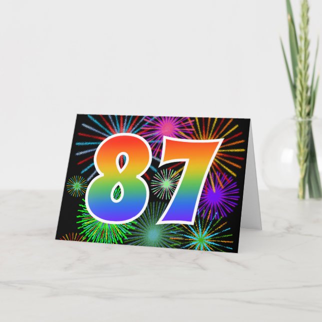 Farbenfrohe Feuerwerke + Regenbogenmuster "87" Eve Karte (Vorderseite)