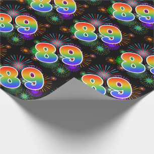 Farbenfrohe Feuerwerke + Regenbogenmuster "89" Eve Geschenkpapier