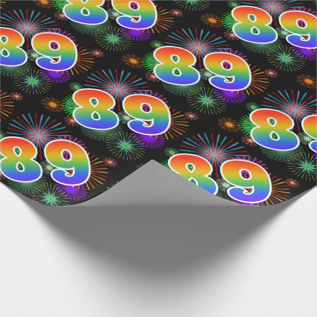 Farbenfrohe Feuerwerke + Regenbogenmuster "89" Eve Geschenkpapier (Ecke)
